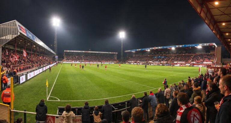 KV Kortrijk in rood-witte sfeer in het Guldensporenstadion, met het veld en de iconische staantribune Vak I.