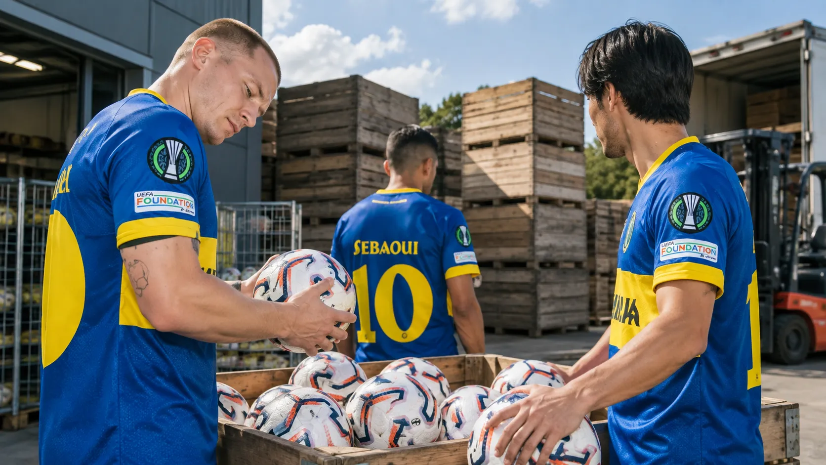 Drie voetballers tonen blauwe en gele Europese shirts naast wedstrijdballen.