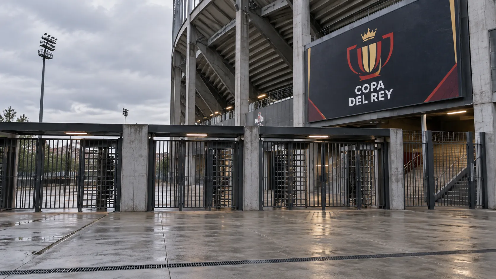 Lege ingang van een stadion met een vast Copa del Rey-wedstrijdinformatiebord.