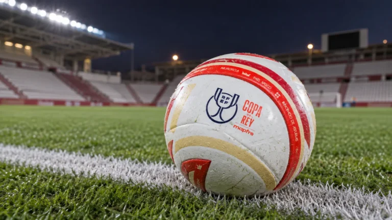 Een Copa del Rey-bal ligt op de zijlijn van een leeg voetbalveld.