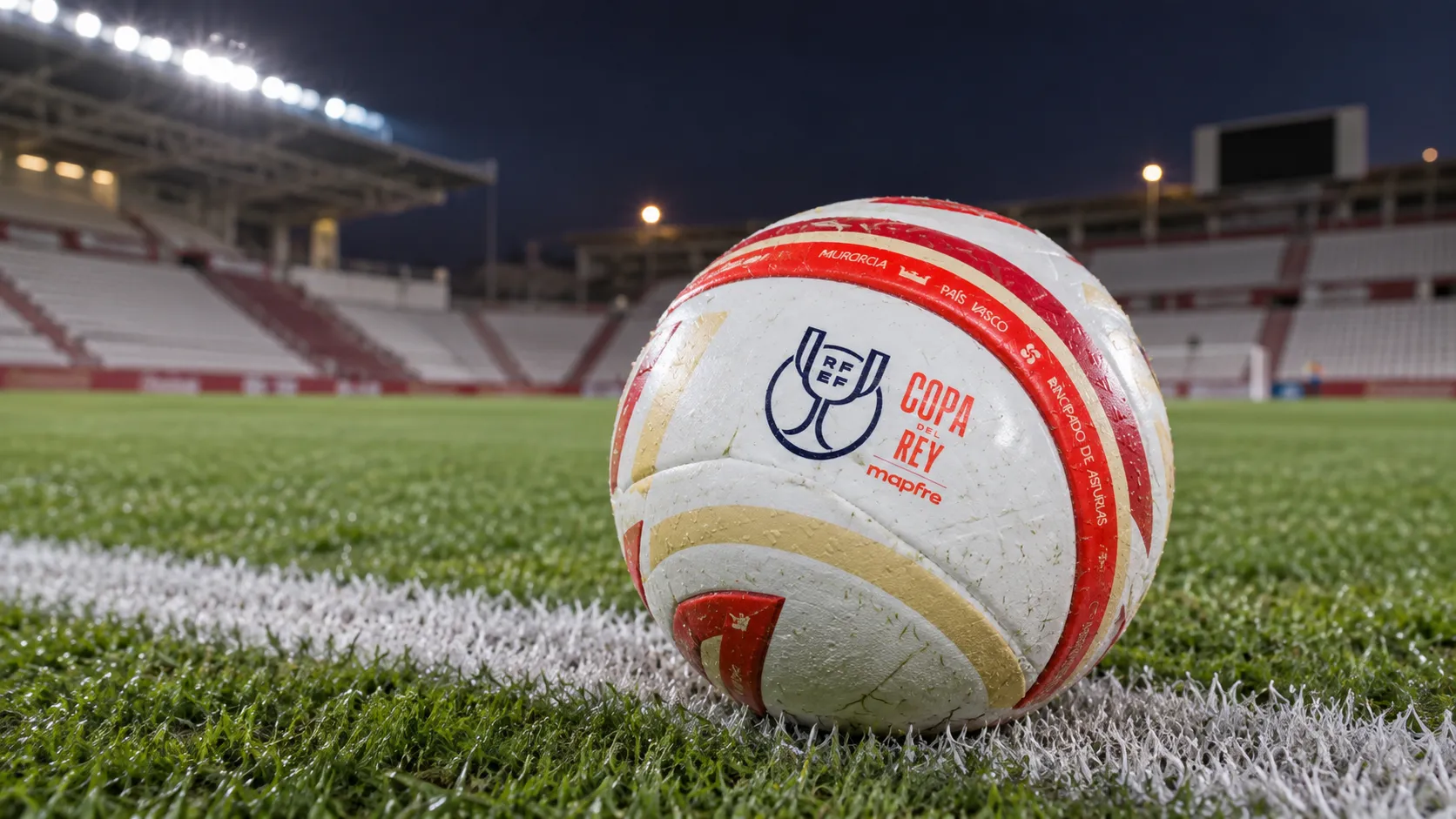 Een Copa del Rey-bal ligt op de zijlijn van een leeg voetbalveld.