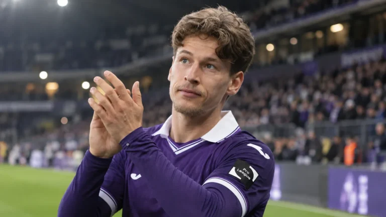 Yari Verschaeren applaudisseert in het paarse tenue van Anderlecht.