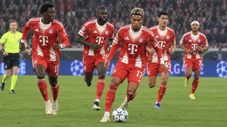 Een groep Bayern München-spelers in rood-witte tenues tijdens een wedstrijdmoment.