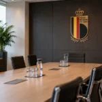Lege vergaderruimte van de KBVB met het bondslogo op een vast wandpaneel.