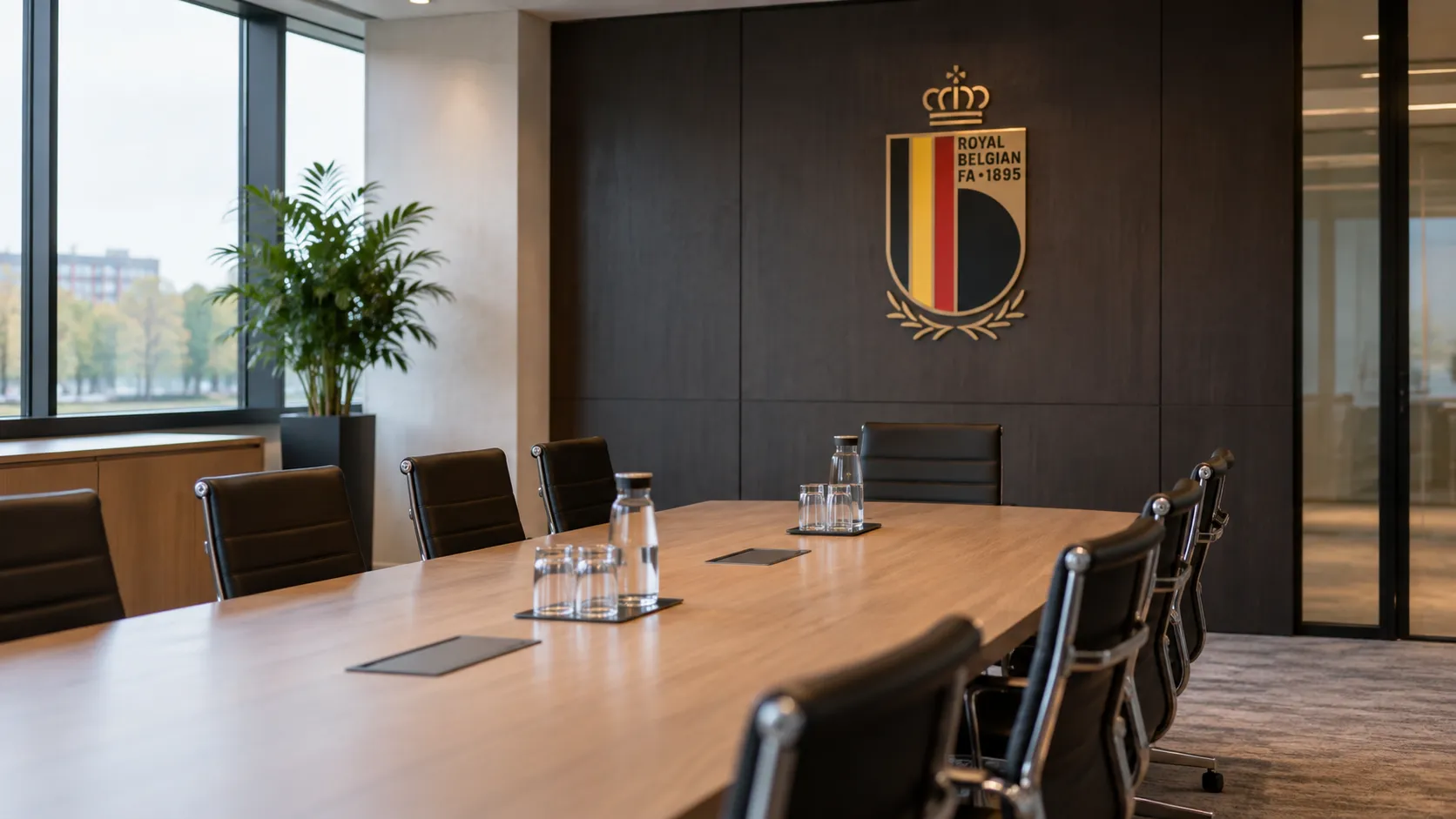 Lege vergaderruimte van de KBVB met het bondslogo op een vast wandpaneel.