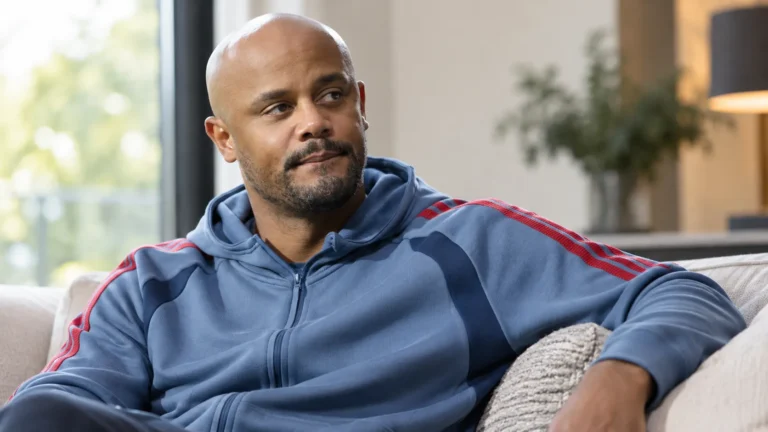 Vincent Kompany zit rustig binnenshuis in een blauwgrijze sporthoodie.