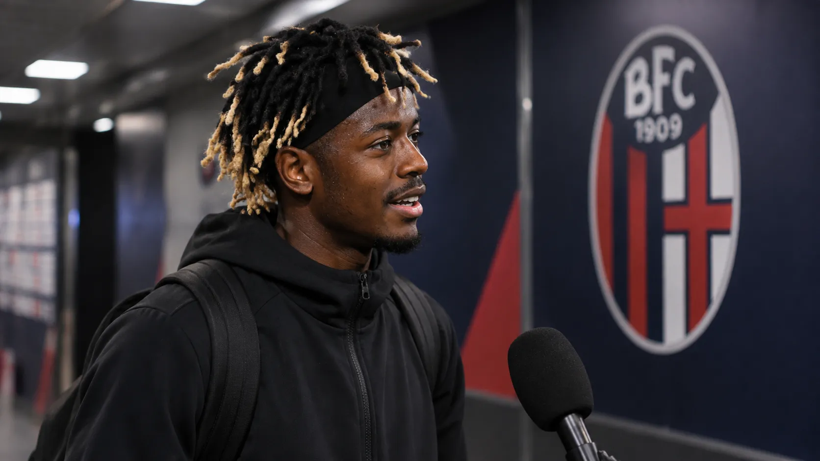 Samuel Mbangula in neutrale sportkleding in de mixed zone na een wedstrijd van Bologna.