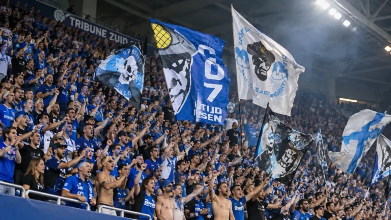 KRC Genk-supporters in blauwe kledij zwaaien met grote vlaggen op de tribune.