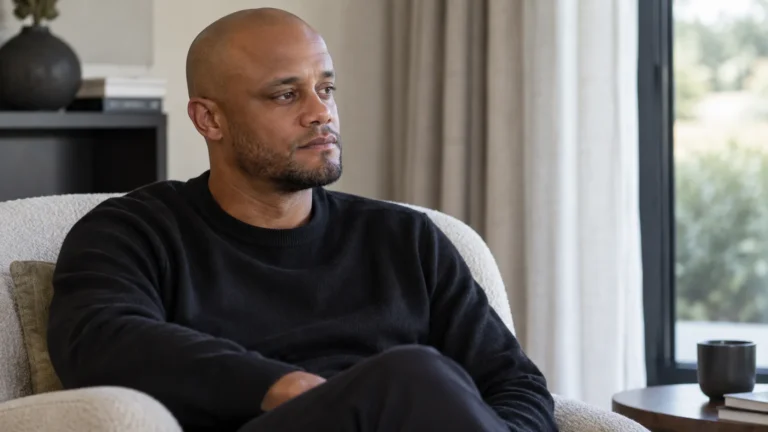 Vincent Kompany in een rustige woonkamer tijdens zijn herstel thuis.