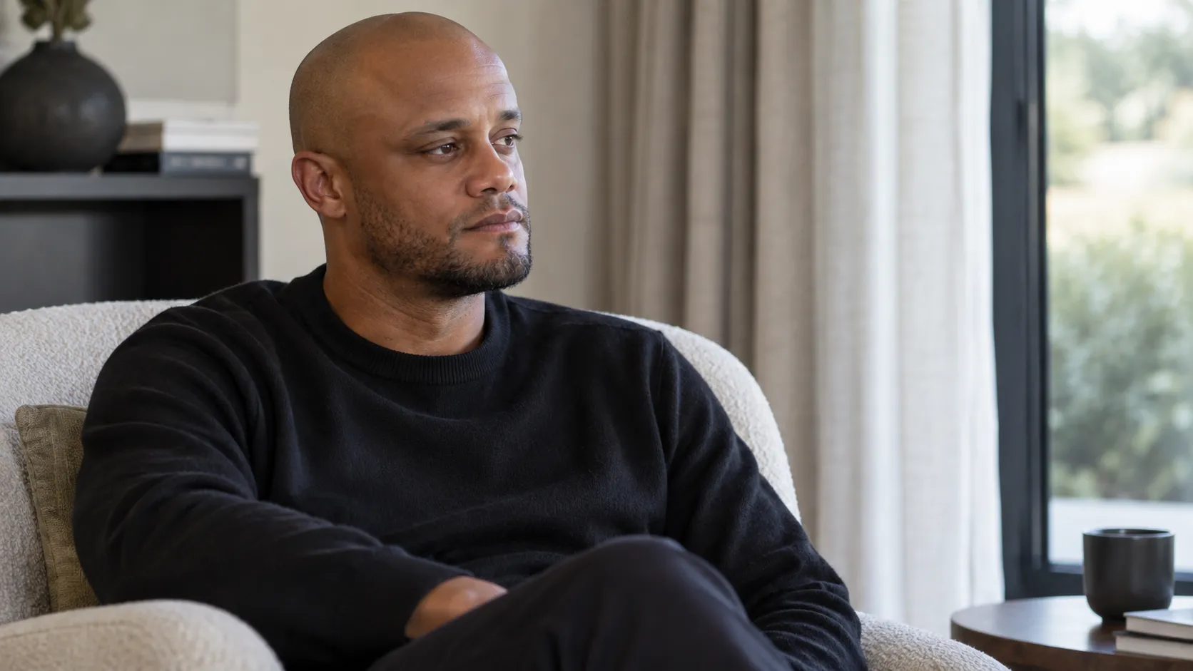 Vincent Kompany in een rustige woonkamer tijdens zijn herstel thuis.
