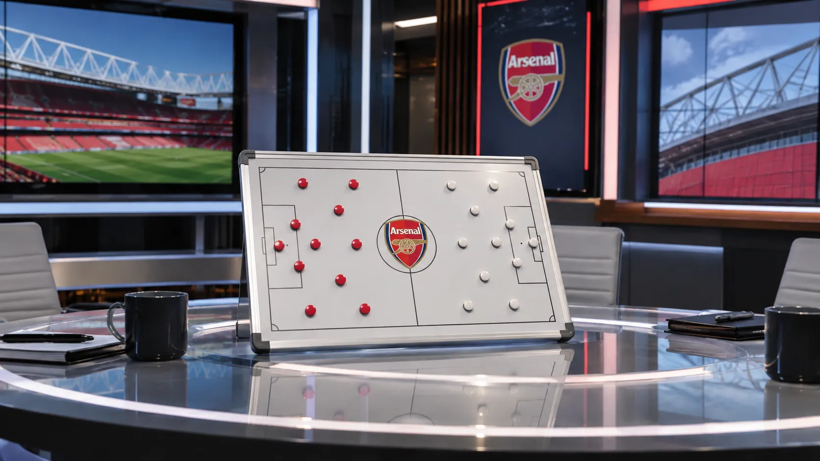 Een tactiekbord met het Arsenal-embleem in een lege televisiestudio.