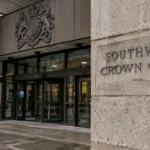 De lege ingang van Southwark Crown Court met een ingegraveerd naambord aan de gevel.