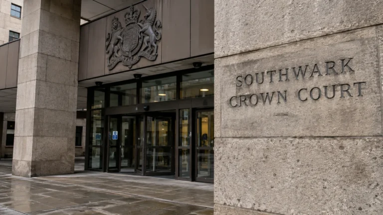 De lege ingang van Southwark Crown Court met een ingegraveerd naambord aan de gevel.