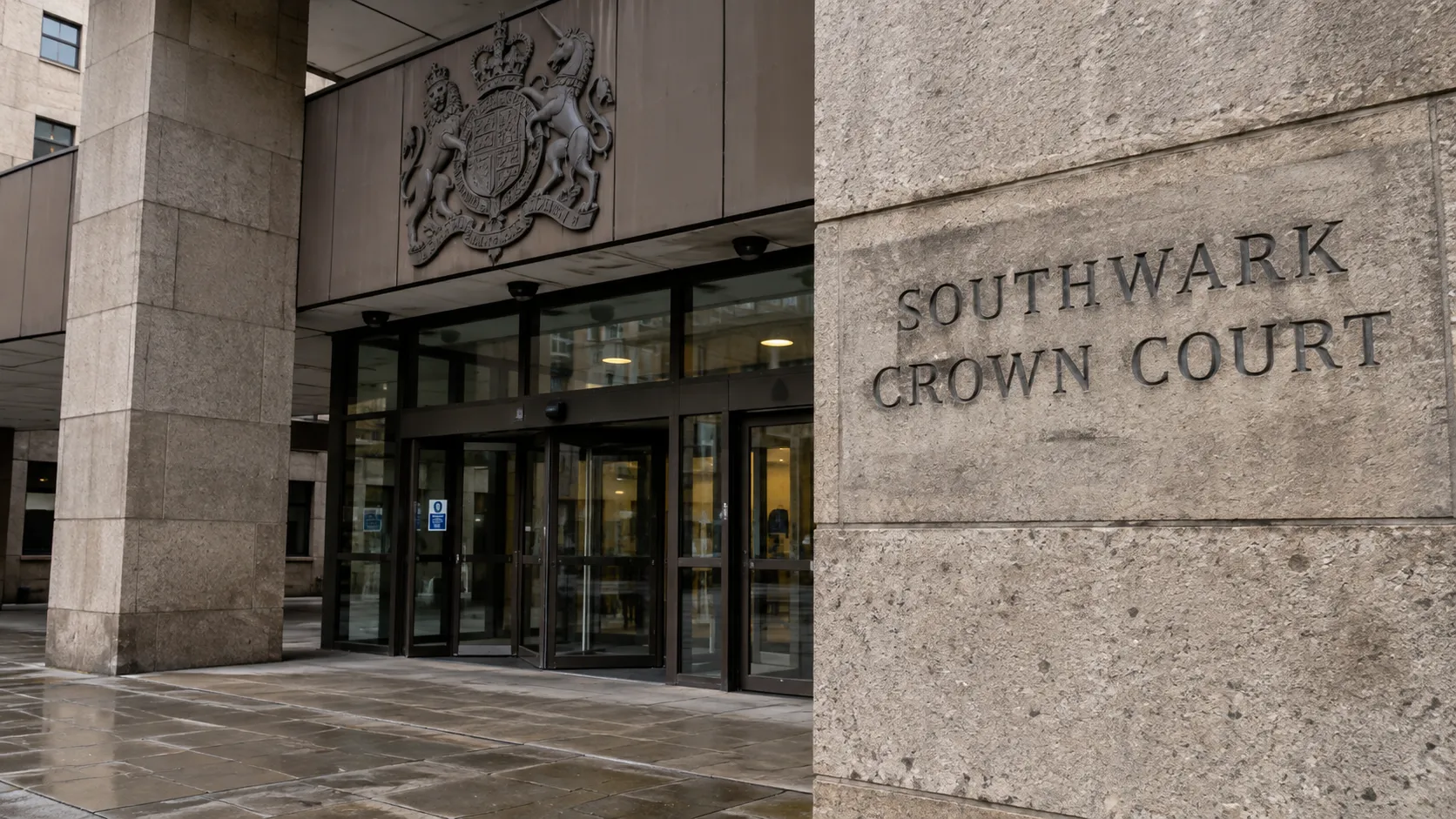 De lege ingang van Southwark Crown Court met een ingegraveerd naambord aan de gevel.