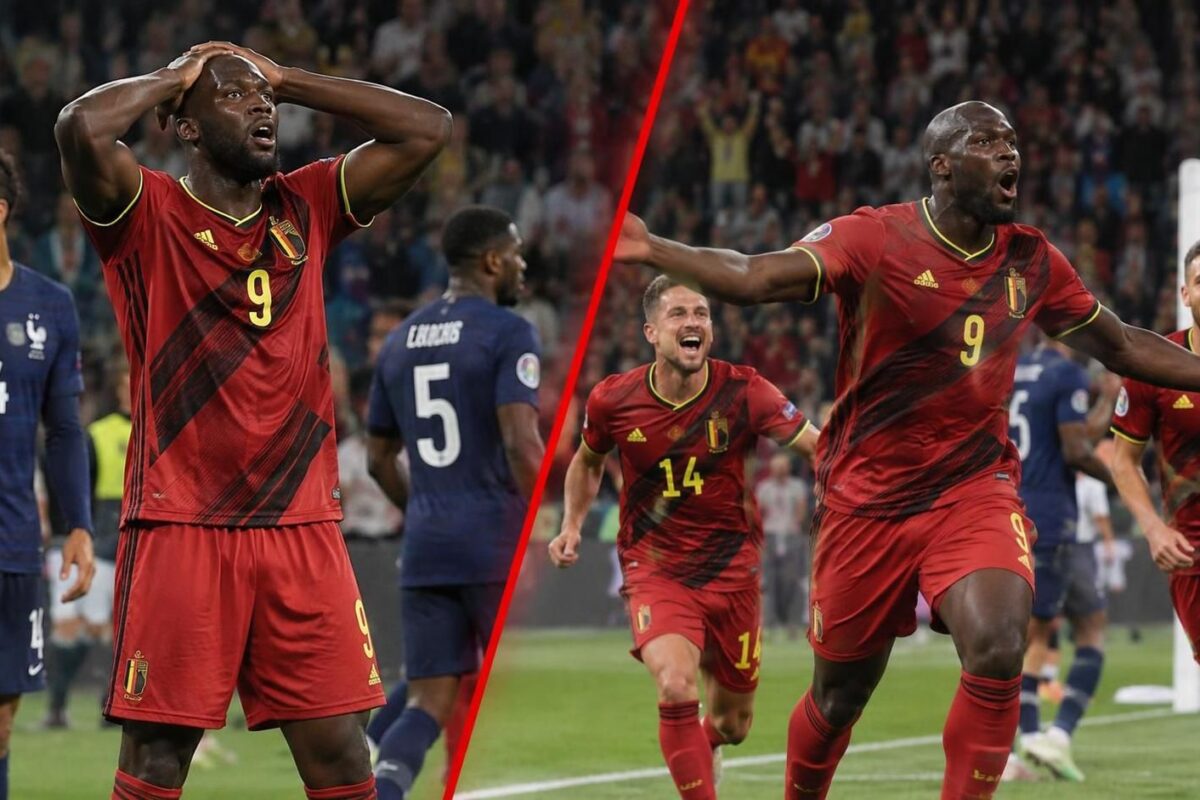 Lukaku ziet zijn late goal links afgekeurd en viert rechts de Belgische finaleplaats.