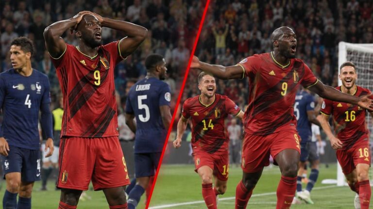 Lukaku ziet zijn late goal links afgekeurd en viert rechts de Belgische finaleplaats.