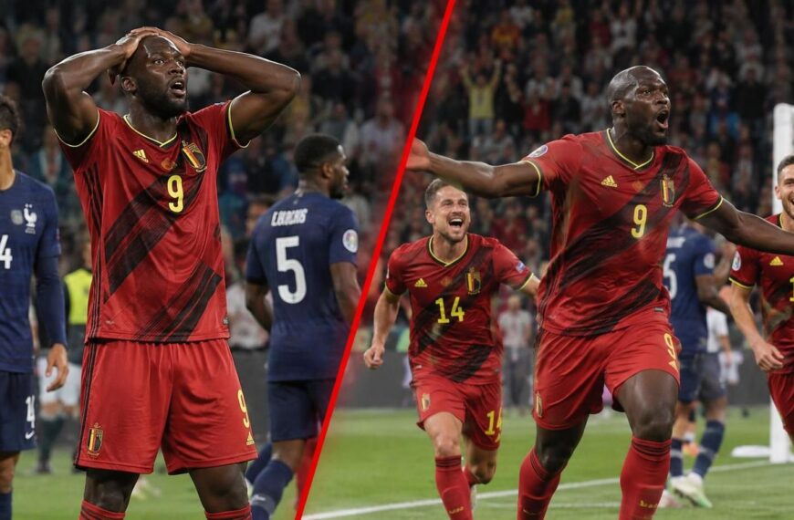 Lukaku ziet zijn late goal links afgekeurd en viert rechts de Belgische finaleplaats.