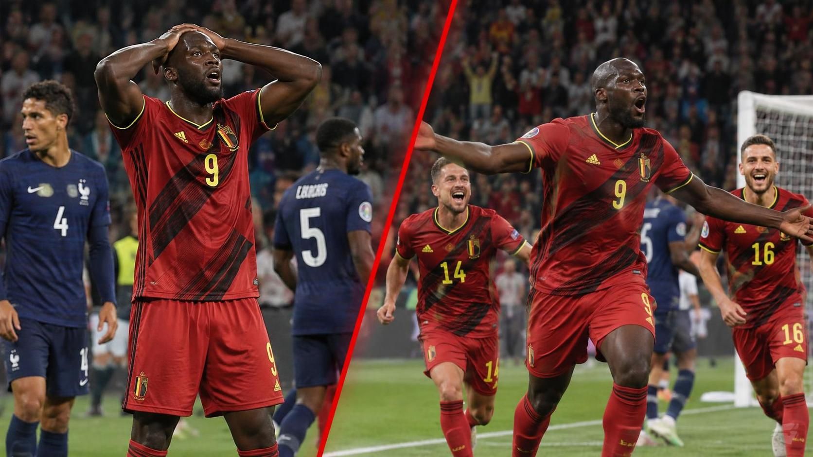 Lukaku ziet zijn late goal links afgekeurd en viert rechts de Belgische finaleplaats.