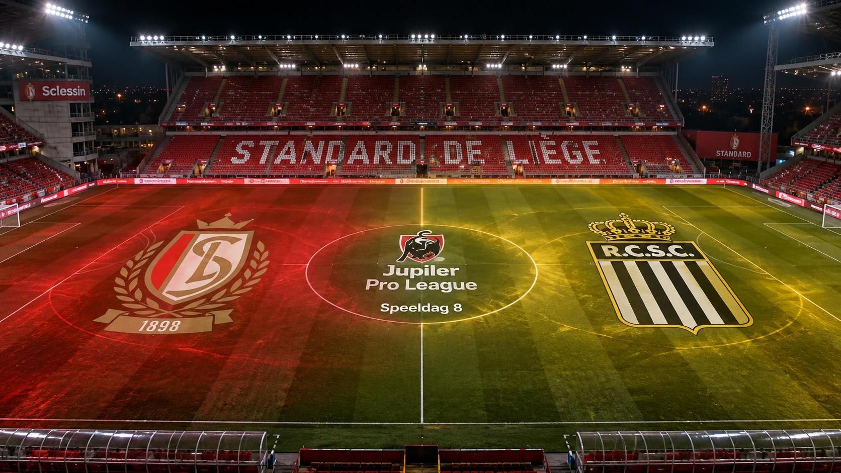 Standard de Liège en Sporting Charleroi centraal in een donkere wedstrijdscan van de Waalse derby