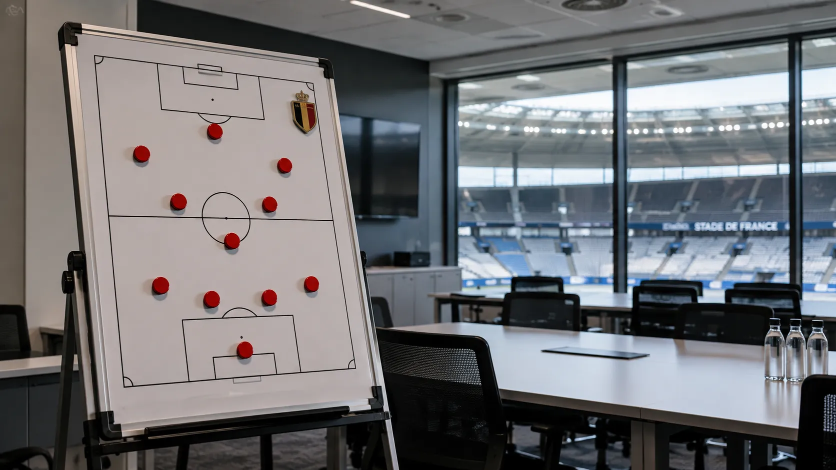 Leeg tactiekbord in een analysezaal van het Stade de France met een Belgisch embleem.