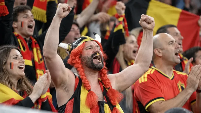 Belgische supporters vieren op de tribunes van het Koning Boudewijnstadion.