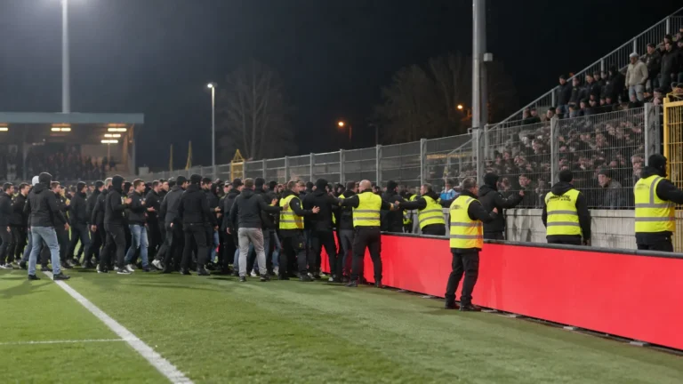Een groep supporters in donkere jassen bij stewards langs de zijlijn.