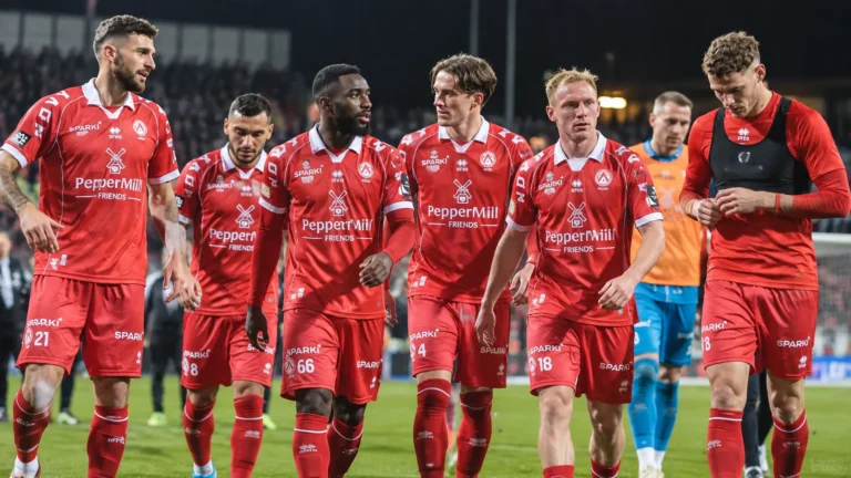 Een groep spelers van KV Kortrijk in rode wedstrijdkleding loopt samen over het veld onder stadionlichten.