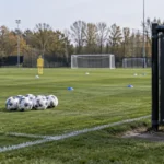 Leeg trainingsveld van de jeugdopleiding van Club Brugge met oefenmateriaal en een clubbord.