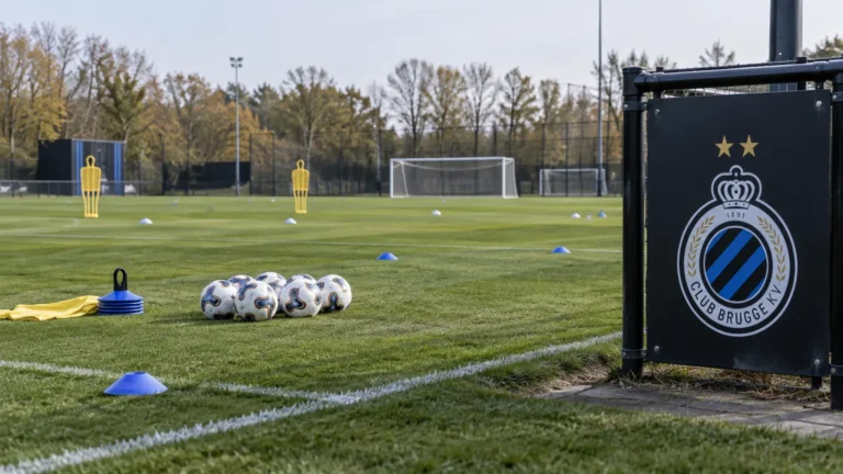 Leeg trainingsveld van de jeugdopleiding van Club Brugge met oefenmateriaal en een clubbord.