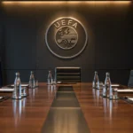 Lege UEFA-vergaderzaal met een embleem op de achterwand en een voorbereide bestuurstafel.