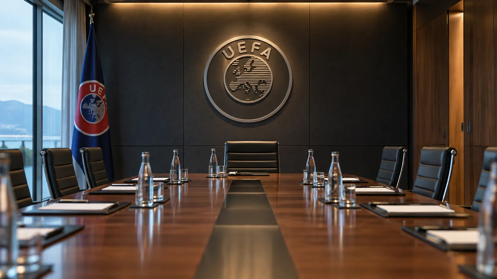 Lege UEFA-vergaderzaal met een embleem op de achterwand en een voorbereide bestuurstafel.