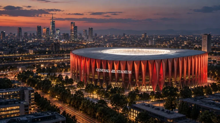 Avondzicht op de rode gevel van het geplande Generali Stadium in Milaan.