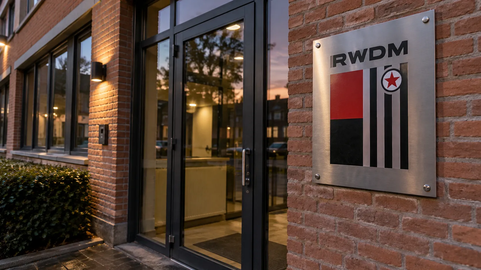 De ingang van een RWDM-clubadministratie met een vast metalen clubembleem aan de gevel.