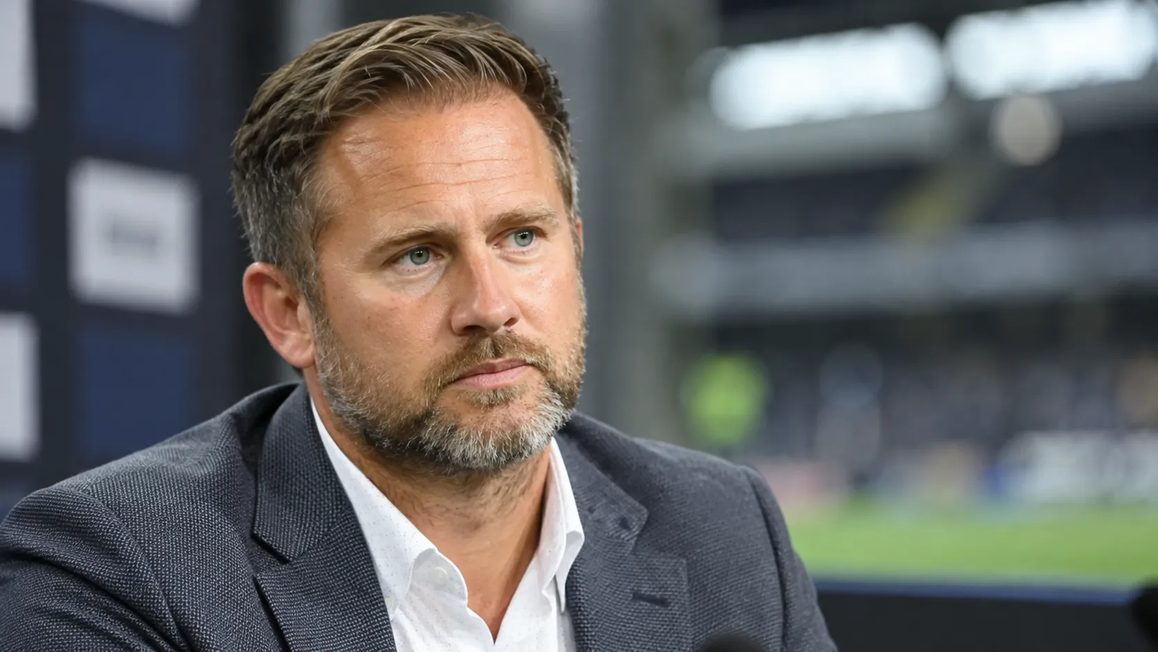 Jesper Fredberg in professionele kledij bij een voetbalstadion.