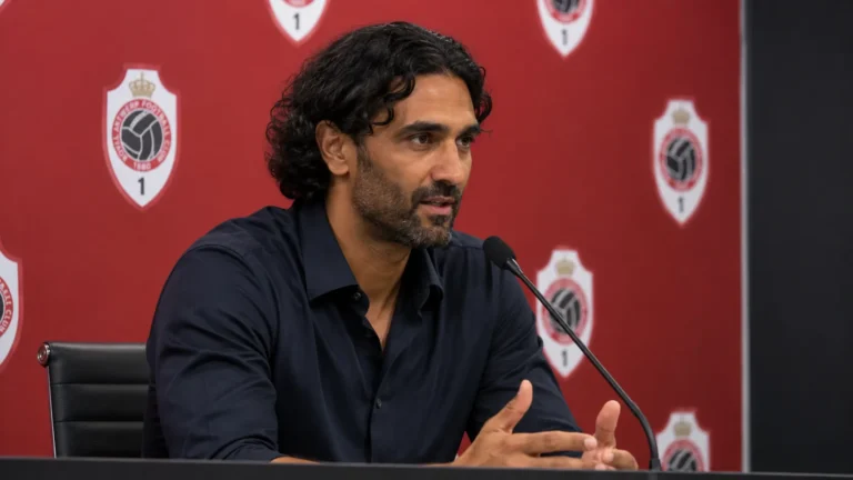 Marvin Compper spreekt op een persconferentie voor Royal Antwerp FC.