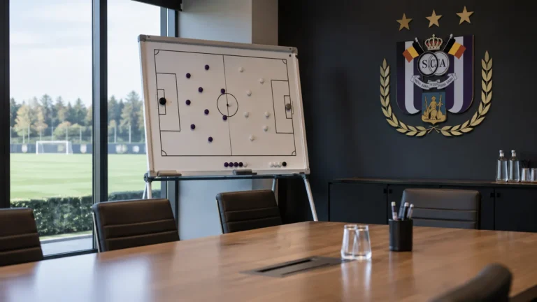 Lege tactische vergaderruimte van RSC Anderlecht met een clubembleem aan de wand.