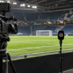 Een lege cameraopstelling voor een scheidsrechtersinterview na een wedstrijd in La Liga.