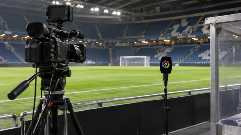 Een lege cameraopstelling voor een scheidsrechtersinterview na een wedstrijd in La Liga.