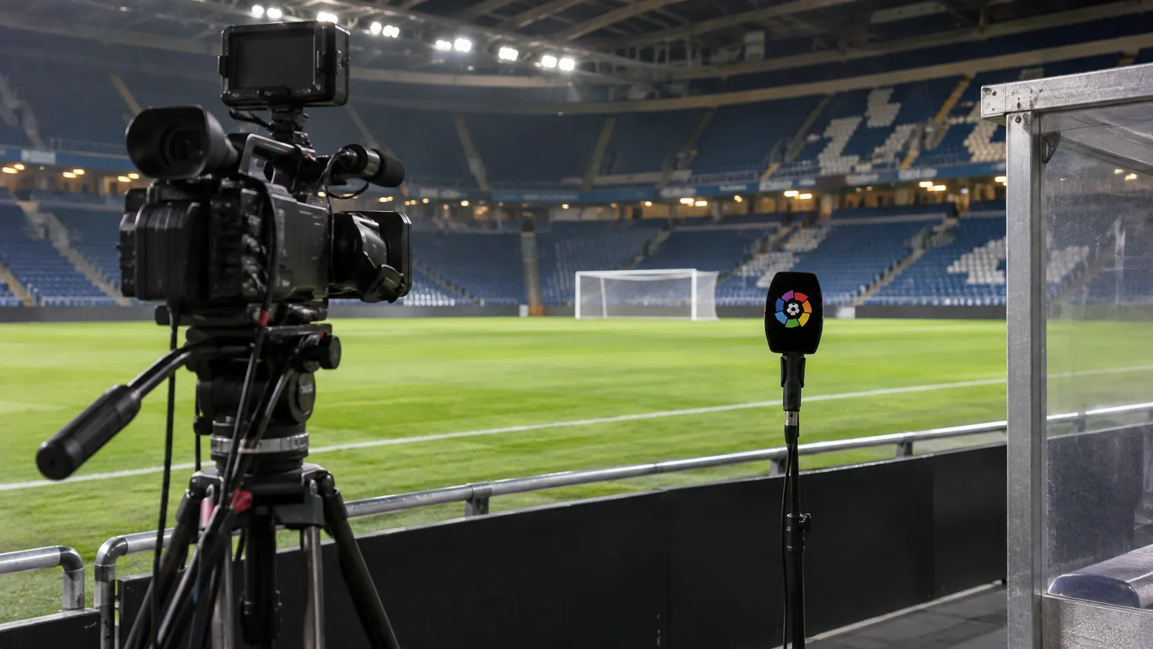 Een lege cameraopstelling voor een scheidsrechtersinterview na een wedstrijd in La Liga.