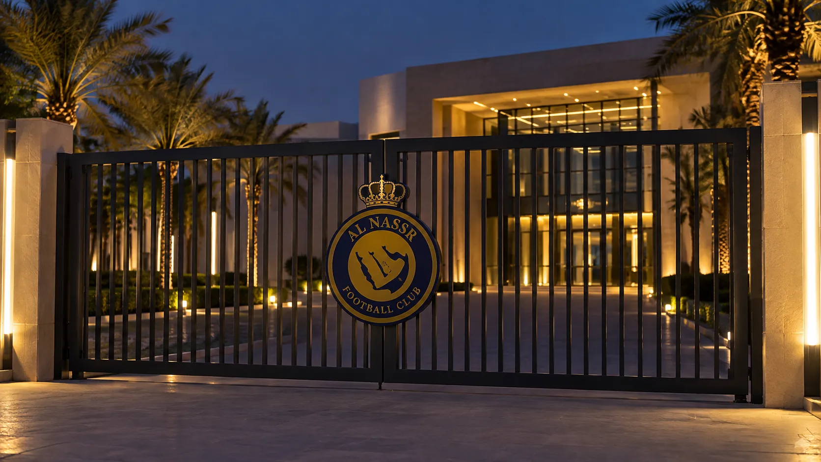 Onbemande ingang van een Al-Nassr-clubgebouw met het clubembleem op de poort.