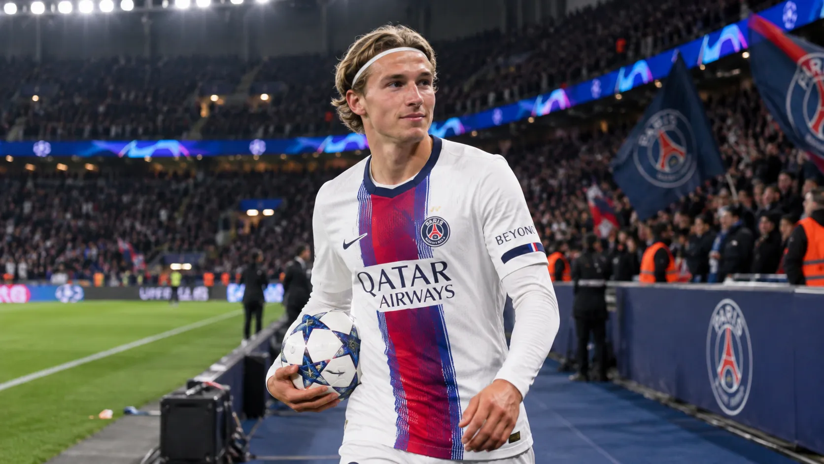 Mika Godts in het tenue van Paris Saint-Germain op het veld na een wedstrijd.