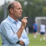 Jess Thorup kijkt geconcentreerd toe vanaf de zijlijn van een voetbalveld.