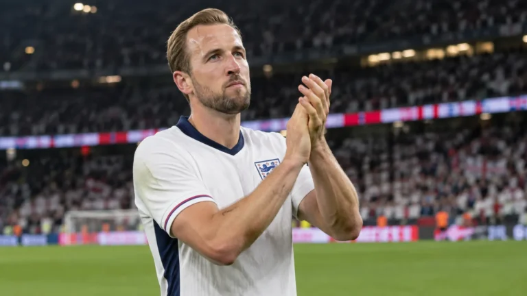 Harry Kane applaudisseert in het witte tenue van Engeland op het veld.