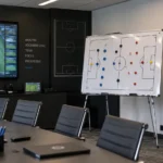 Leeg videoanalyselokaal van Club Brugge met een tactiekbord en een clubembleem op de wand.