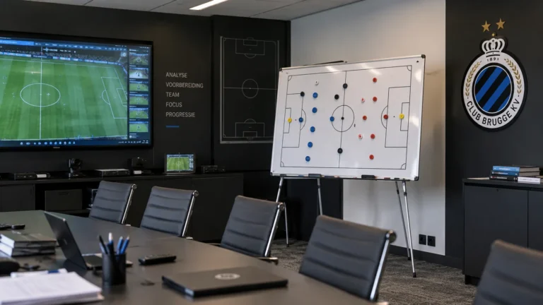 Leeg videoanalyselokaal van Club Brugge met een tactiekbord en een clubembleem op de wand.