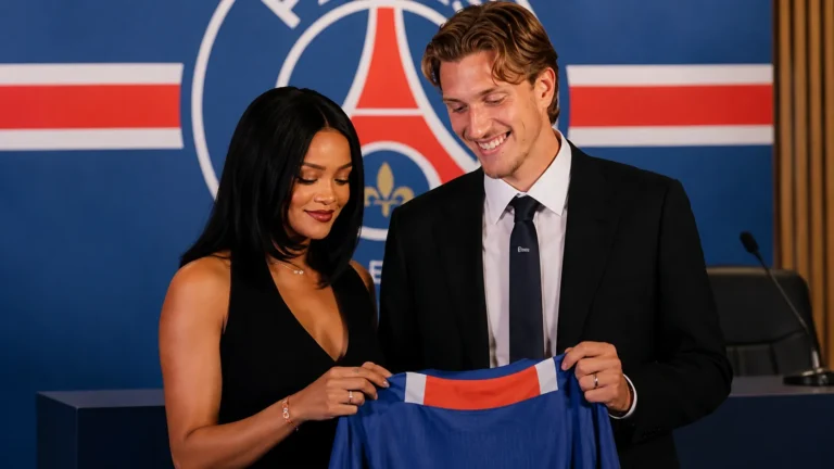 Twee formeel geklede personen poseren met een blauw PSG-shirt voor een clubachtergrond.
