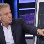 Marc Degryse bij een tactiekbord van RSC Anderlecht in een analyse-studio.