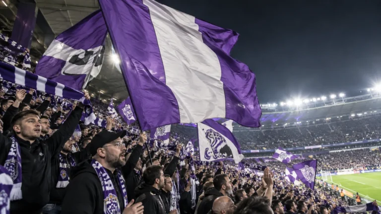 Anderlecht-supporters zwaaien met paarse vlaggen in een volle tribune.