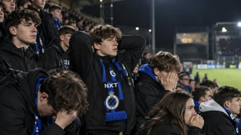 Collectieve Club NXT-supporters met blauw-zwarte sjaals in de tribune.