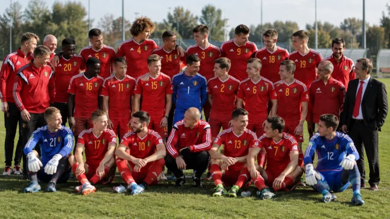Belgische U17-selectie in rode shirts poseert samen op een voetbalveld.